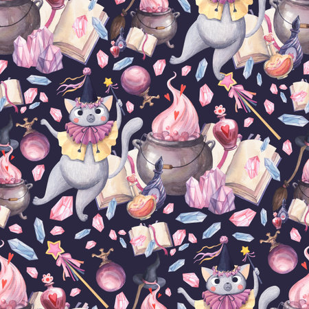 Watercolor pattern with a gray cat with a magic wandの写真素材