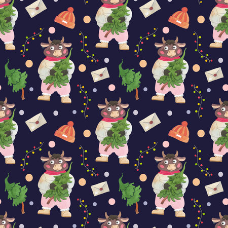 Christmas seamless pattern with bull, fir tree and pokarki on a dark blue background.の写真素材