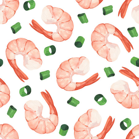Watercolor seamless pattern with juicy shrimps and green onionsの写真素材