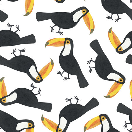 Seamless pattern with watercolor toucansの写真素材