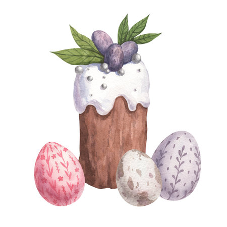 Watercolor illustration of an Easter cake and eggs