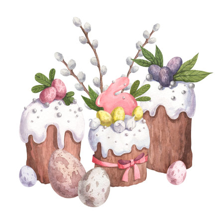 Watercolor composition with Easter cupcakes and eggs