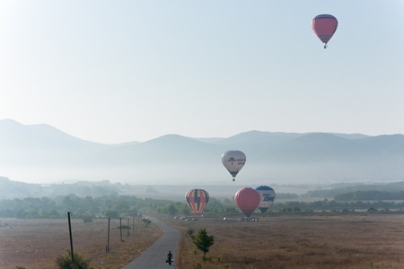 SEVASTOPOL, UKRAINE - 12 August: Baloons flying air over the territory starting in the valley Baydarskaya, International Balloon Festival Montgolfeerie, August 12, 2010 in Sevastopol, Ukraine.のeditorial素材