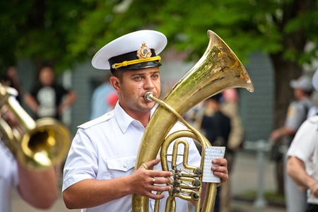SEVASTOPOL, UKRAINE - 10 June: Ukrainian trumpet marching in the parade, June 10, 2011 in Sevastopol, Ukraine.のeditorial素材