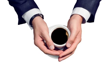 Businessman hand holding a cup of coffee on white backgroundの写真素材