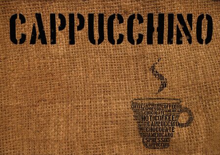 Typographic symbol cup of coffee printed on burlapの写真素材