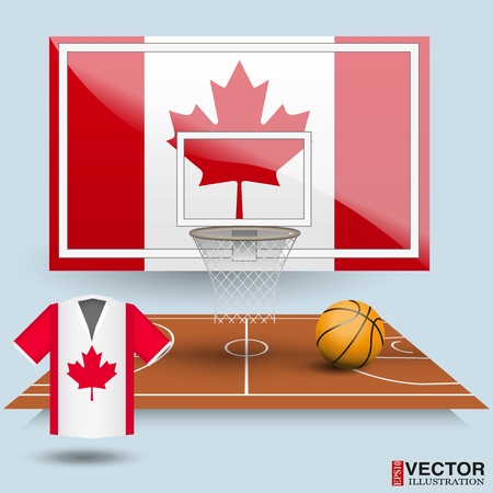 Basketball backboard, basket, court,  ball and t-shirt in the colors of the flag of Canadaのイラスト素材