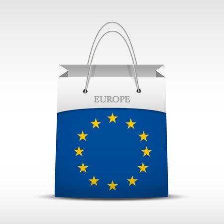 Shopping bag with Europe Union flag. Retail business vector object. Service and sale illustration. Symbol isolated and editable.のイラスト素材