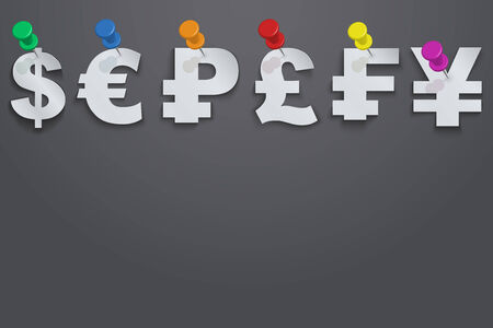 Background of Currency symbols pinned pushpin with space for text.のイラスト素材