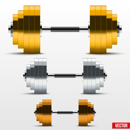 Gold, silver and bronze classic power dumbbells. Symbol winners isolated on white. Vector Illustration.のイラスト素材