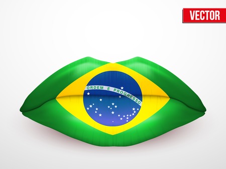 Beautiful luscious lips with flag of Brazil texture. Vector Illustration. Isolated on whiteのイラスト素材