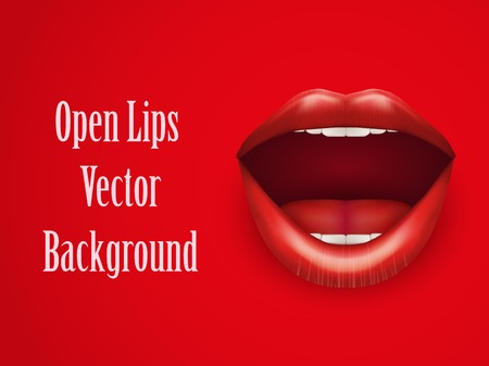 Background of Womans mouth with open red lips. Vector Illustration. Isolated on white background.のイラスト素材