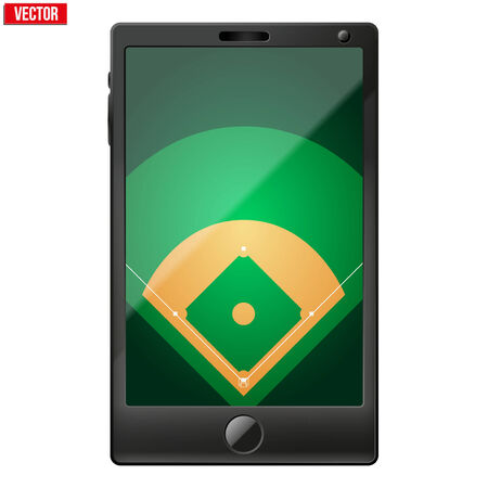 Smartphone with a baseball field on the screen  Sport technology and applications  Vector illustration  Isolated on white background のイラスト素材
