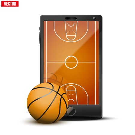 Smartphone with basketball ball and field on the screen  Sports theme and applications  Vector illustration Isolated on white background のイラスト素材