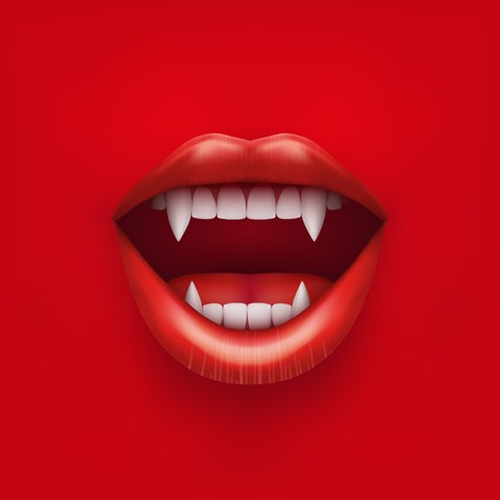 Background of vampire mouth with open red lips and long teeth  Vector Illustration  Isolated on white background のイラスト素材