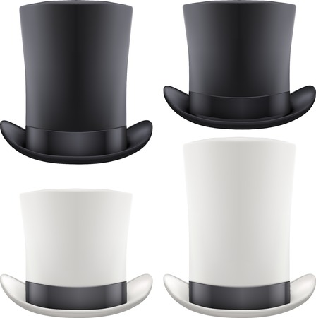Set of black and white big gentleman hat cylinder with ribbon. Vector Illustration Isolated on white background.のイラスト素材