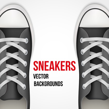 Background of Pair of simple black classic sneakers. Example gumshoes. Realistic Editable Vector Illustration.のイラスト素材