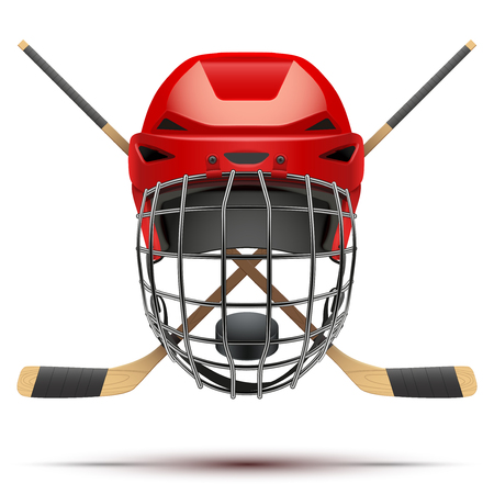 Ice hockey symbol with helmet and puck and sticks. Design elements. Illustration isolated on white background.のイラスト素材