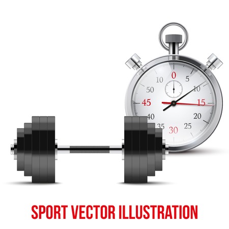 Vector Illustration of dumbbell and stopwatch. Background of training and timing.のイラスト素材