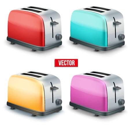 Set of Bright colorful Metal Glossy Toasters. Vector illustration isolated on white background.のイラスト素材