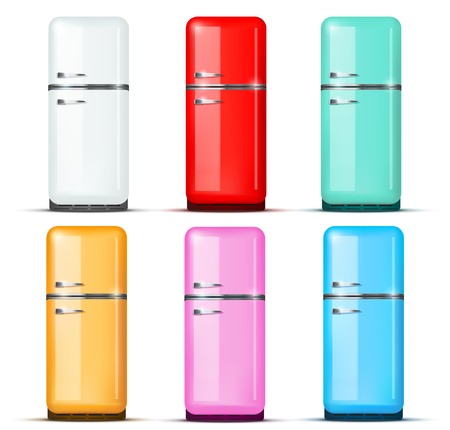 Set of Retro Fridge refrigerator in white color. Household appliances. Vector isolated on white backgroundのイラスト素材