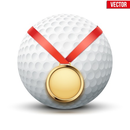 Sport gold medal with ribbon for winning the golf hangs on the ball. のイラスト素材