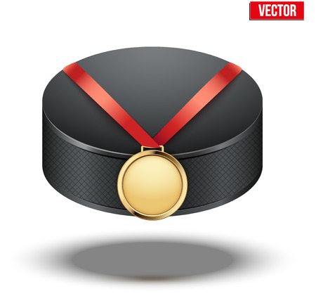 Sport gold medal with ribbon for winning the ice hockey hangs on the puck.のイラスト素材