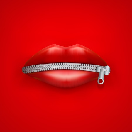Background of Womans mouth with closed red lips. Concept of secret or boycott. Vector Illustration Isolated on white background.のイラスト素材