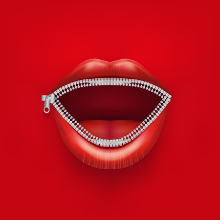 Background of Womans mouth with open red lips. Concept of secret or boycott. Vector Illustration Isolated on white background.のイラスト素材