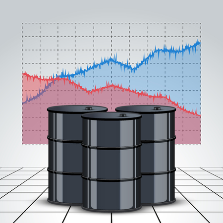 Oil barrel on the background graphics prices. The rise in price and cheaper petroleum. Vector Illustration.のイラスト素材