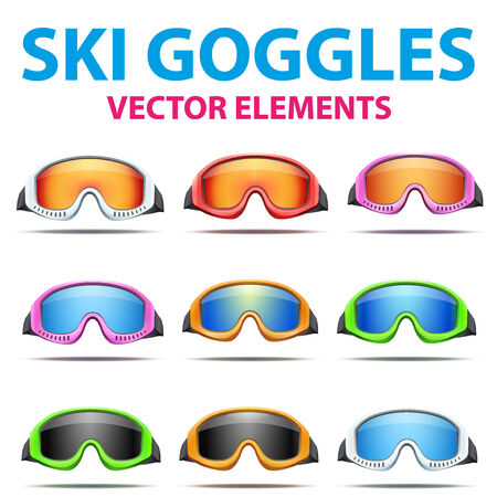 Set of Classic snowboard ski goggles with colorful glass. Vector isolated on white backgroundのイラスト素材