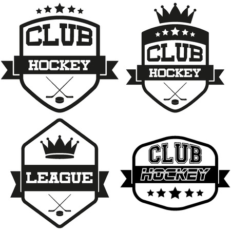 Set of Vintage Ice Hockey Club Badge and Label with helmets. Emblem of sport team and event. Vector icons isolated on background.のイラスト素材