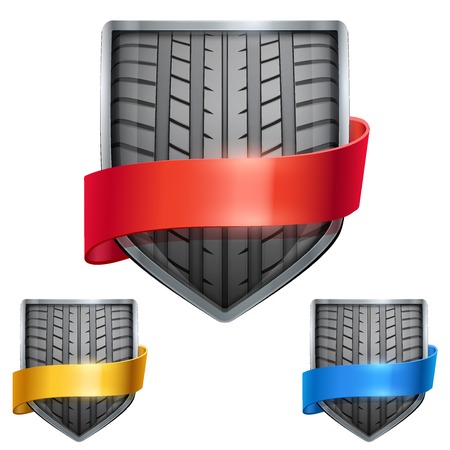 Set of Bright metal shield in the race tire inside and with ribbons. Editable Vector Illustration isolated on white background.のイラスト素材