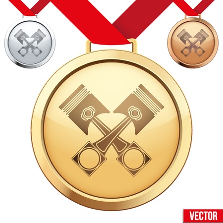 Three Medals with the symbol of a pistons inside. Gold, Silver and Bronze. Vector Illustration isolated on white background.のイラスト素材
