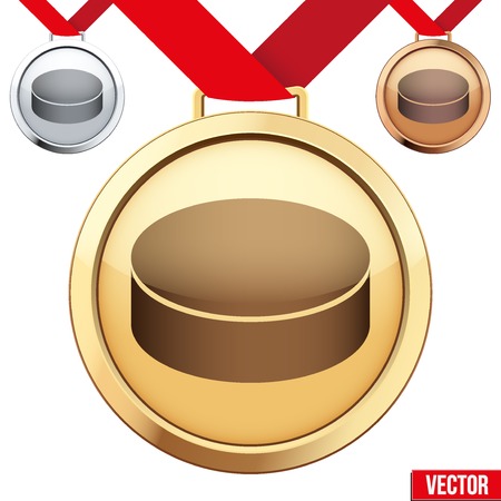 Three Medals with the symbol of puck ice hockey inside. Gold, Silver and Bronze. Vector Illustration isolated on white background.のイラスト素材