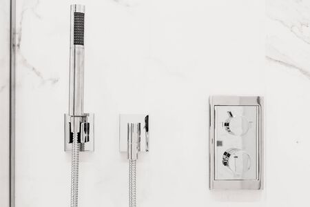 Front view of Modern luxury bathroom fixtures and fittingsの写真素材