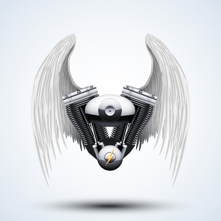 Retro motorcycle engine with White folded wings. Vector Illustration Isolated on white background.のイラスト素材