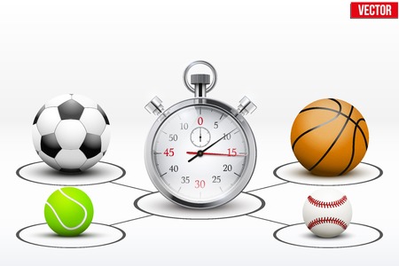 Realistic Sport balls and stopwatch with markers. Vector Infographic Illustrationのイラスト素材