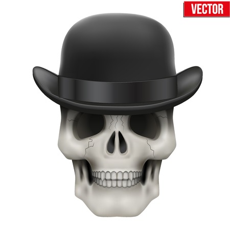 Human skull with black bowler hat. Vector Illustration on isolated white backgroundのイラスト素材