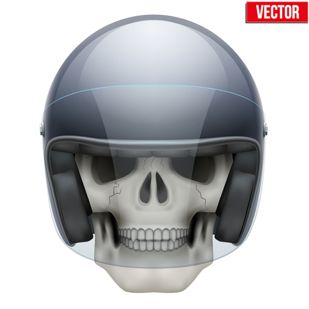 Human skull with retro motor biker helmet. Vector Illustration on isolated white backgroundのイラスト素材