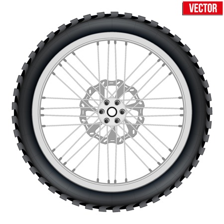 Motorbike enduro wheel with brake rotor and tire. Vector Illustration isolated on white background.のイラスト素材