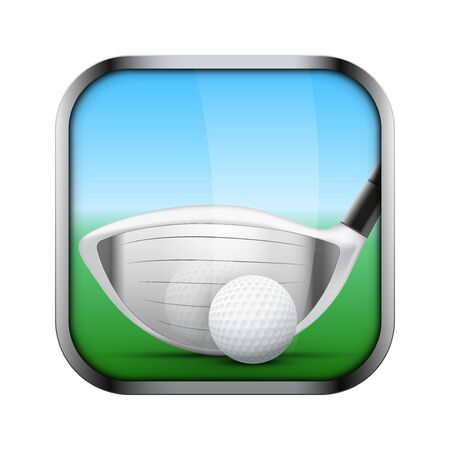 Square icon for golf sports application or games. Golf clubs and ball.  Illustration of sporting field and play button.のイラスト素材