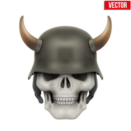 Human skulls with German Army helmet and horns. Vector Illustration isolated on a white backgroundのイラスト素材