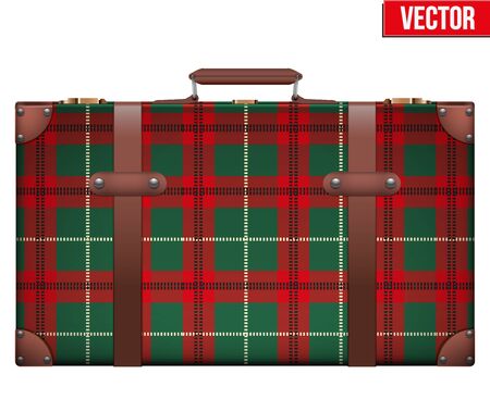 Vintage baggage suitcase with scotland check texture for travel. Vector Illustration isolated on white background. isolated.のイラスト素材