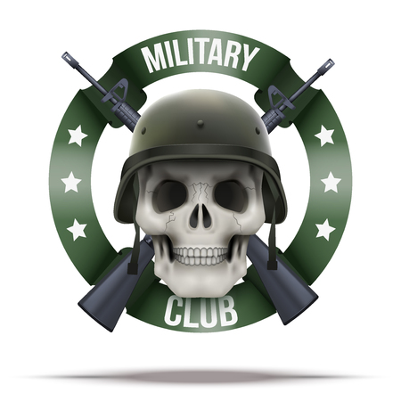 Military club or company badges and labels icon. Skull and M16 rifles. Vector Illustration isolated on background.のイラスト素材
