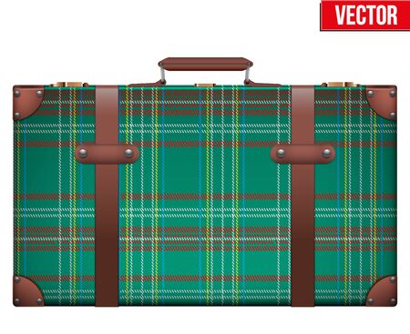 Vintage baggage suitcase with scotland check texture for travel. Vector Illustration isolated on white background. isolated.のイラスト素材