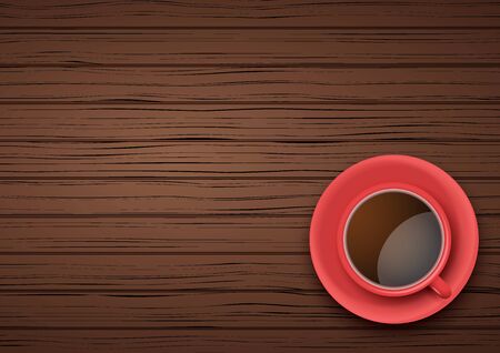 Top view of red cup of coffee or tea on the table dark wood with space for textのイラスト素材