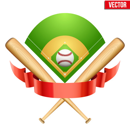 Vector illustration of baseball leather ball and wooden bats on field. Symbol of sports. Isolated on white background.のイラスト素材