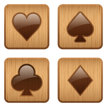 Wooden square Icons set of four card suits. Symbols of gambling and casino. Vector Illustration, editable and isolated on white background.のイラスト素材