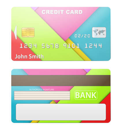 Vector illustration of detailed beautiful credit card with material design style. Two side. Isolated on white backgroundのイラスト素材